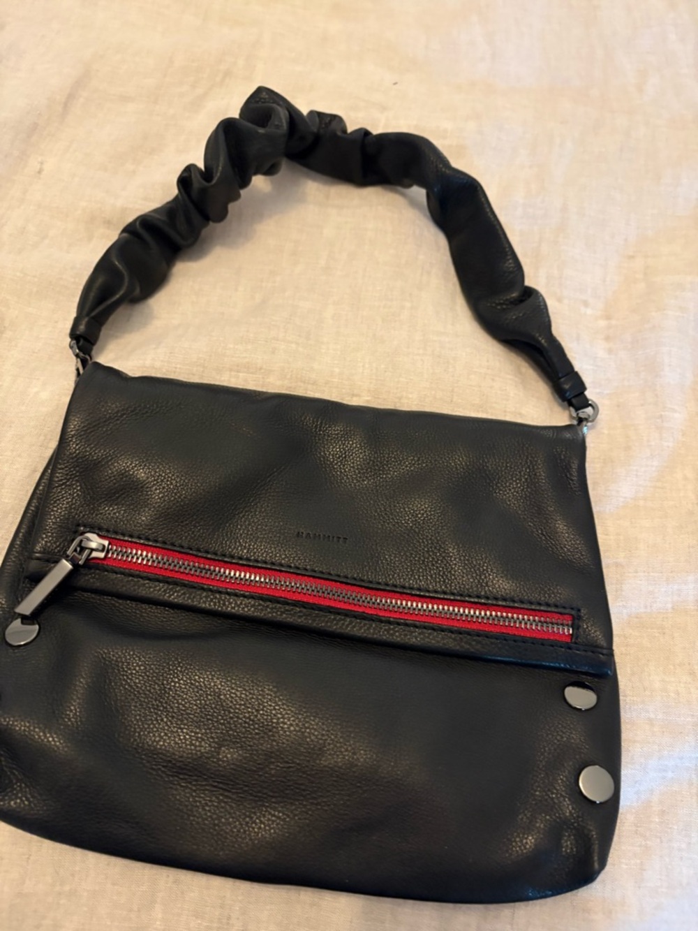 Hammitt Black Leather Shoulder Bag with Red Zipper Detail